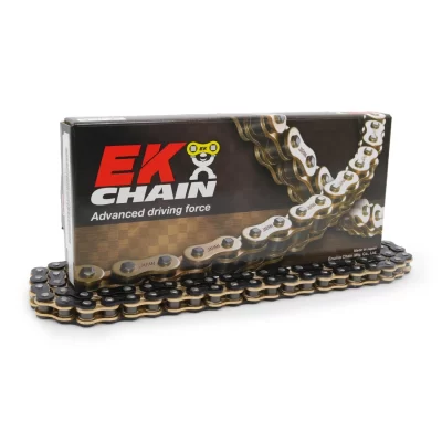 EK Chain bicycle chain displayed around a black box with the text 'Advanced driving force' on the packaging