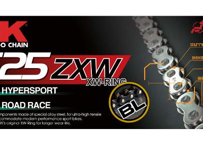 Banner advertising RK Takasago Chain 525ZXW XW-Ring with HyperSport and Road Race labels, featuring a chain graphic and related logos.
