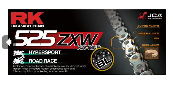 Banner advertising RK Takasago Chain 525ZXW XW-Ring with HyperSport and Road Race labels, featuring a chain graphic and related logos.