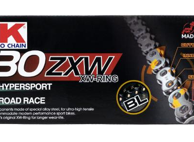 RK 530 ZXW XW-ring motorcycle chain box labeled Hypersport and Road Race with chain graphic on a black background.
