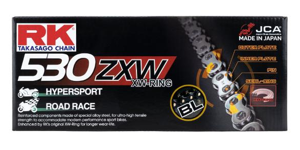 RK 530 ZXW XW-ring motorcycle chain box labeled Hypersport and Road Race with chain graphic on a black background.